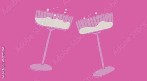 Two champagne glasses clinking on pink background. Flat vector illustration for celebration, wedding, and party invitations.
