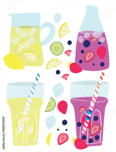 Colorful summer cocktail pitchers with lemon and berry drinks. Flat vector illustration with fresh fruit elements for menus, posters, and seasonal designs.