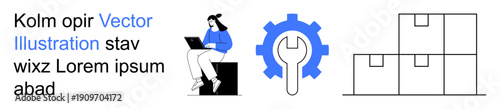 Digital tools, remote work, logistics, e-commerce, technology, supply management. Person using laptop, gear and wrench icon stacked boxes. Remote work and logistics concept