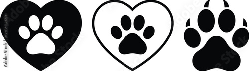 Three distinct paw print designs within heart shapes and one standalone paw print