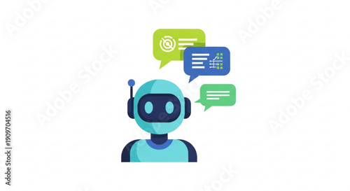 Robot with speech bubbles communicating effectively in a digital conversation
