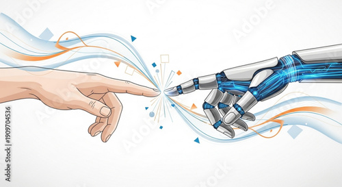 Human hand touching robotic hand with blue circuits and orange light trails on white background symbolizing technology and human connection