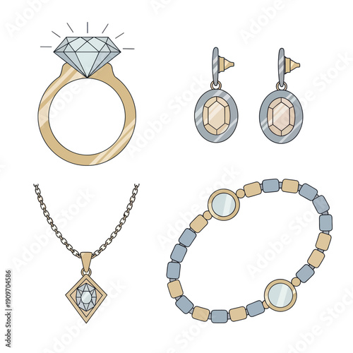 Diamond ring, earrings, necklace, and bracelet jewelry set icons