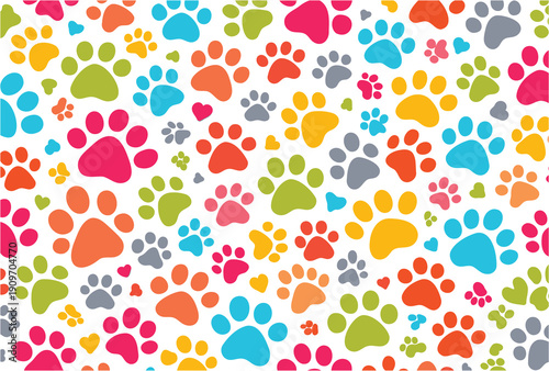 Colorful array of playful paw prints in vibrant patterns across a seamless background