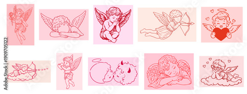 Hand Drawn Romantic Cupid and Angel Postage Stamp Set for Valentine’s Day, Cute Love Angels with Hearts, Arrows, Wings and Clouds in Pink and Red Frames