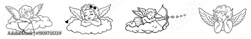 Hand Drawn Romantic Cupid and Angels Set for Valentine’s Day, Cute Baby Cupids Sleeping on Clouds and Shooting Love Arrows in Sky