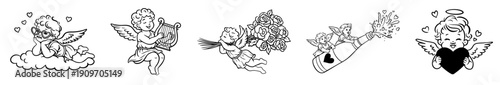 Hand Drawn Romantic Cupid and Angels Set for Valentine’s Day, Cute Love Characters with Cloud, Roses, Champagne, Musical Instrument and Heart
