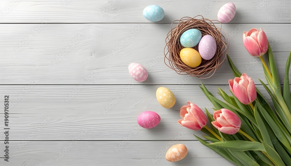 Fototapeta premium A beautifully arranged Easter scene with colorful eggs and tulips on a rustic wooden background