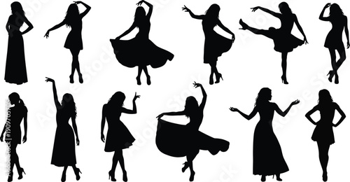 Dancing women silhouettes vector set in elegant evening gowns