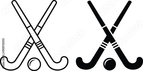 Two hockey sticks crossed with a ball in the middle, one in black and white and the other in black