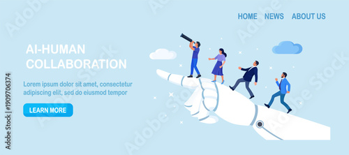 Collaboration of human and artificial intelligence. Business team runs up on robot hand pointing upwards. Businessman leader look future with telescope. AI help business success or innovation support