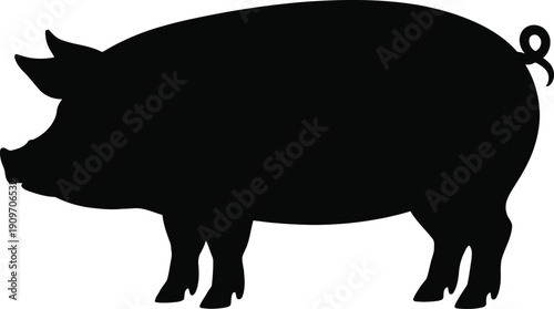 A black and white silhouette of a pig with a curly tail standing on all fours.