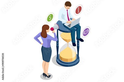 Isometric business concept with employee on hourglass and woman with megaphone. Time pressure, control and productivity deadline illustration.