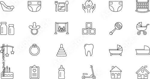 Baby and newborn line icons set with stroller toys bottle crib pacifier and childcare symbols