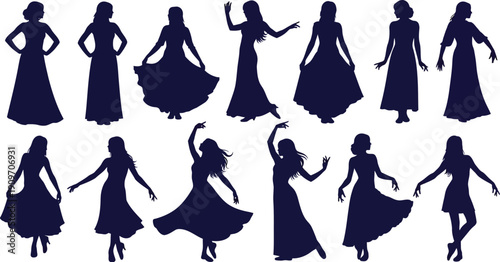 Elegant women silhouettes wearing long ballgowns and evening dresses