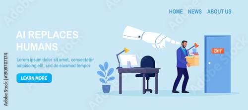 Artificial Intelligence is replacing human. Employee was dismissed by AI robot. Unemployment, job loss due to technological progress, layoffs. Automated labor. Robotic process automation