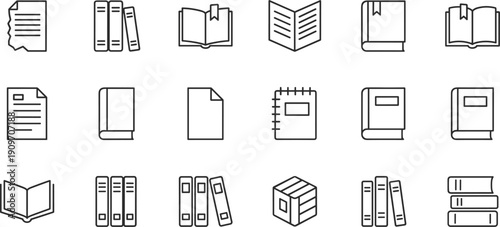 Books and document line icons set with notebooks files binders library and education symbols collection