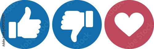 Three distinct icons representing like, dislike, and love in a social media context