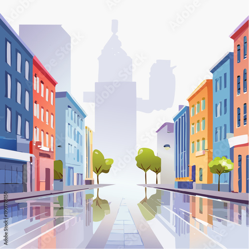 Vibrant cartoon-style city street with reflections on wet pavement after rain