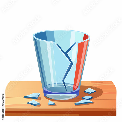 Cartoon illustration of a clear drinking glass with a prominent crack and red stripe, resting on a wooden surface with scattered glass shards
