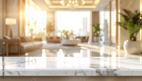 Empty white marble stone table top and blurred hotel lobby interior background with bright sunlight, luxury hotel background.