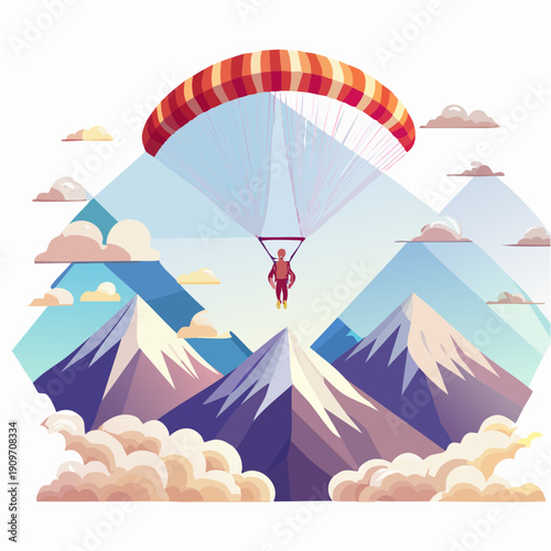 An illustrated paraglider gracefully descends over snow-capped mountain peaks, capturing the essence of extreme aerial sports and breathtaking natural landscapes