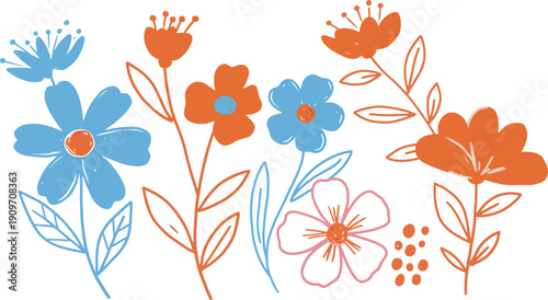 Colorful illustration of blue and orange flowers on white background