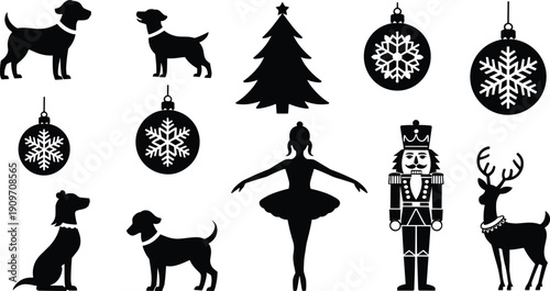 Christmas Holiday Silhouette Set with Nutcracker Ballerina Reindeer Dog Figures Tree and Snowflake Ornament Icons Isolated on White Background for Festive Winter Season Graphic Design