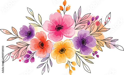 Colorful watercolor floral bouquet with pink purple orange flowers and leaves on white background