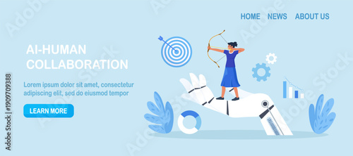 Businessman shoots bow standing on robotic arm. Collaboration between human and artificial intelligence. AI technology development. Business innovation, automation with Artificial Intelligence