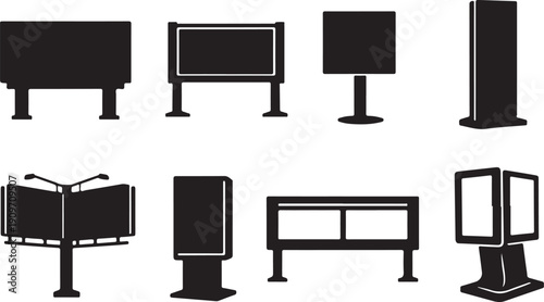 Vector Billboard & OOH Advertising Silhouettes Set: Collection of Modern Digital Display Kiosks, Roadside Signs, and Large Format Banner Templates for Mockups