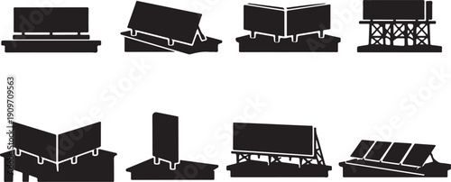 Comprehensive Billboard and Outdoor Advertising Vector Icon Set: Collection of Silhouettes for Digital Signage, OOH Marketing Campaigns, Display Stands, and Large Banner Mockups.