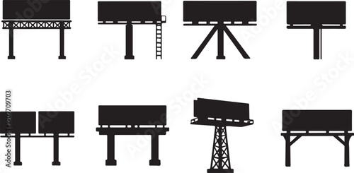 Comprehensive Set of 8 Billboard Silhouettes Vector Icons: Blank Outdoor Advertising Hoarding Templates for Marketing, Campaign Promotion, Digital Signage Mockup Designs, Isolated Graphic Elements