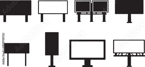 Comprehensive Billboard and Advertising Signage Icon Set Vector Collection - Eight different black silhouette graphics for roadside display, promotion, marketing, and outdoor branding mockups.