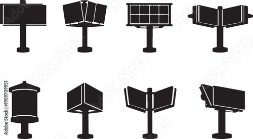 Black Silhouette Vector Icon Set of Outdoor Advertising Billboards and Digital Display Screens - Diverse Collection of OOH Signage Stands, Information Panels, and Promotion Hoardings