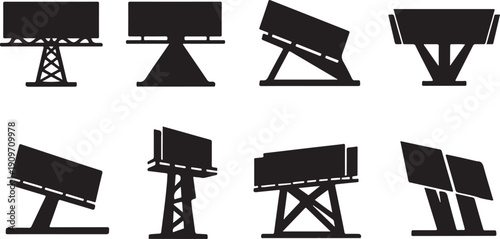 Billboard Icons Set: 8 High-Quality Black Silhouettes of Outdoor Advertising Structures, Hoardings, and Promotional Display Panels. Minimalist Vector Collection.