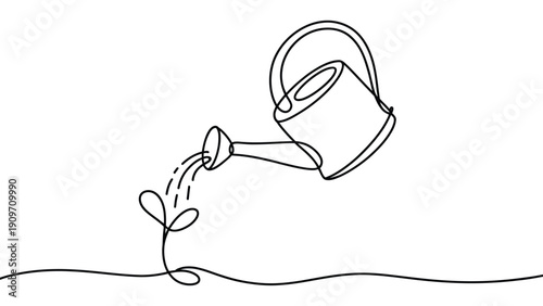 Minimal continuous line art watering can pouring water on small plant isolated on white background, simple monochrome growth and gardening concept outline illustration 