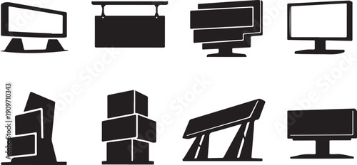 Versatile Public Information Display Vector Icons: Set of 8 Modern Kiosk, Monitor, Digital Signage, and Billboard Silhouettes for UX/UI and Advertising Technology Design