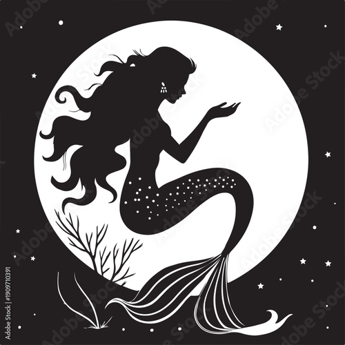 Mysterious Mermaid Silhouette Surrounded By Stars And Moonlight