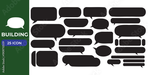Assorted black speech bubble icons representing conversations and messages for chat applications and social media communication
