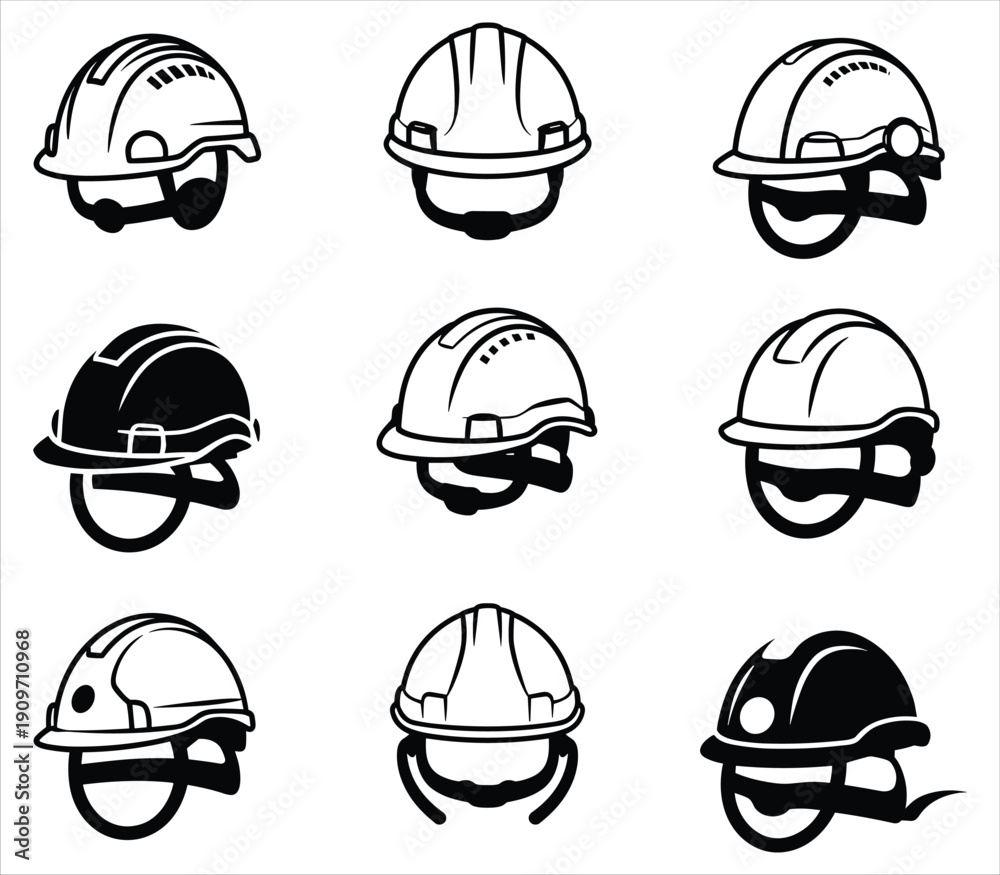 Fototapeta premium Construction Hard Hats Collection Vector Icons Set Safety Headwear Symbols