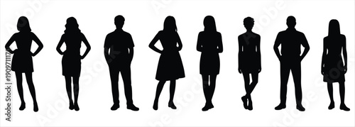 Diverse Group of People Silhouettes Standing Together Isolated on White Background