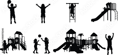 Collection of children playing on playground equipment silhouettes, kids jumping and sliding, park activity graphics, childhood fun vector elements, silhouettes,