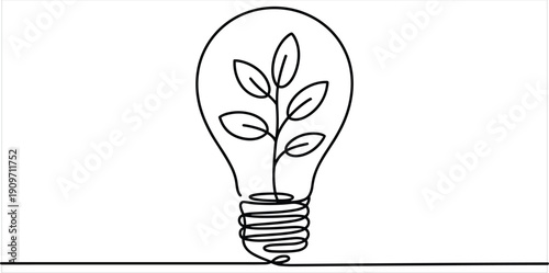 Light bulb with growing plant inside, continuous line drawing, eco concept