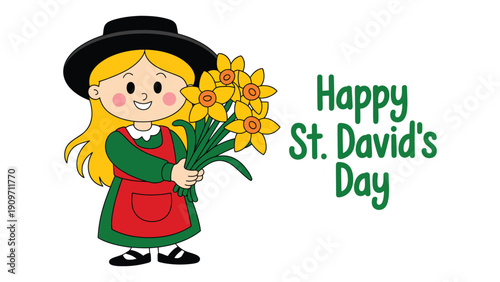  Happy St. David’s Day cute Welsh girl in traditional costume holding daffodils, festive cartoon illustration for March 1 celebration greeting card design