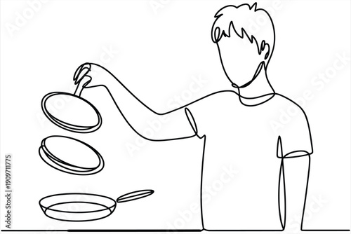 Man Flipping Pancakes with Frying Pan, Single Line Drawing Style