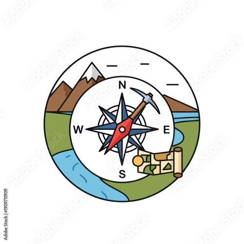 Exploration compass with pickaxe, mountains, river, and treasure map