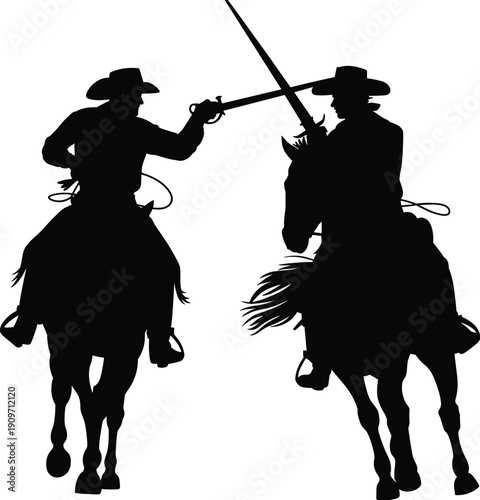 Cowboy duel silhouette on horseback sword fight western riders black shadow illustration isolated action battle concept dramatic vintage vector artwork