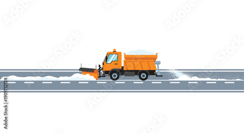 Orange snow plow truck spreading salt and clearing snow from a gray road in winter.