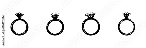 Four Engagement Rings In Hand Drawn Style Set. Wedding, Proposal, Jewelry Design Doodle Sketch Collection. Romantic Symbolism. Isolated Vector Illustration